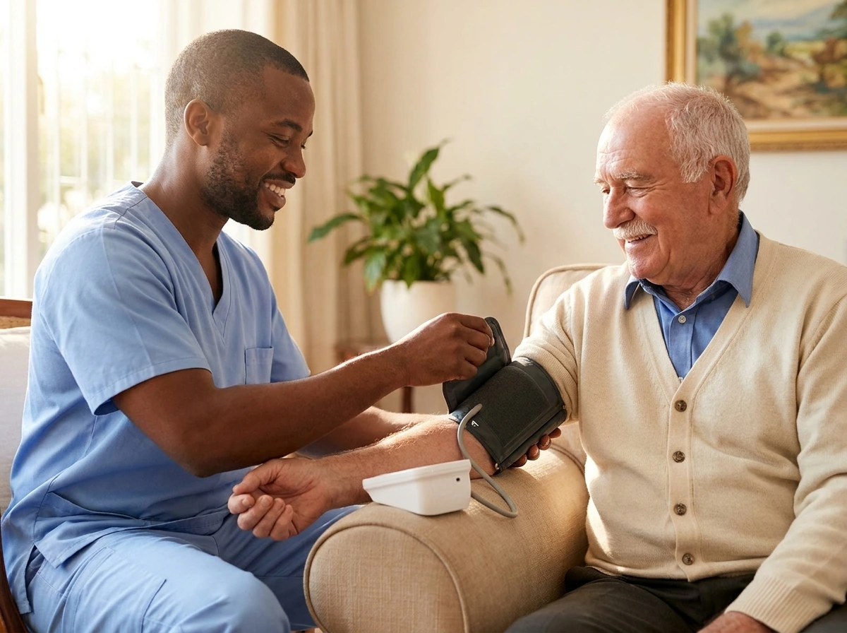 Male nurse taking blood pressure of a senior man
