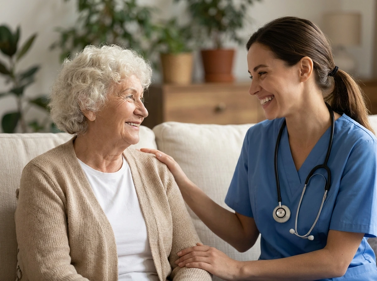 Caregiver sitting with and comforting a senior woman in a warm living room