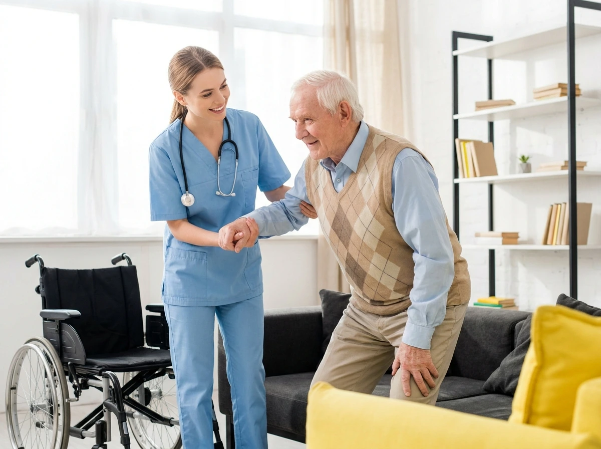 A nurse helping a senior man stand up in a sunlit living room