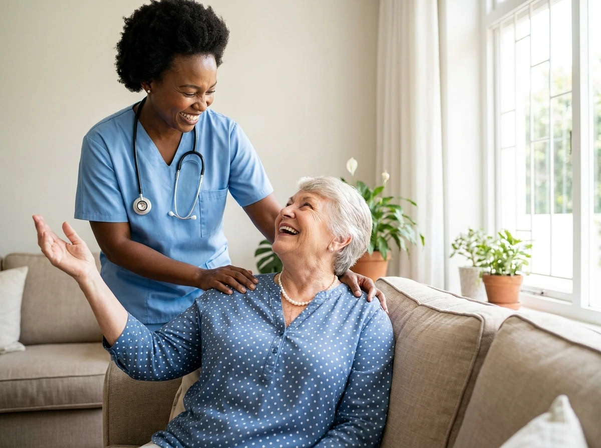 A caregiver in blue scrubs sharing a joyful moment with a senior woman on a sofa