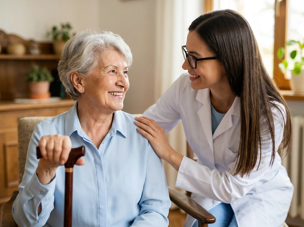 A clinician sharing a warm moment with a senior woman