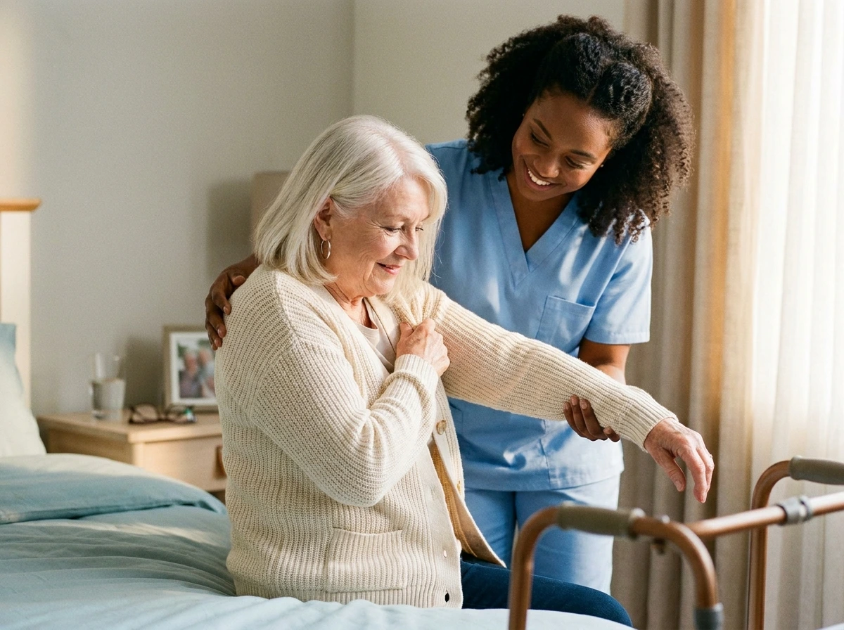 Caregiver helping a senior woman put on a cardigan in her bedroom