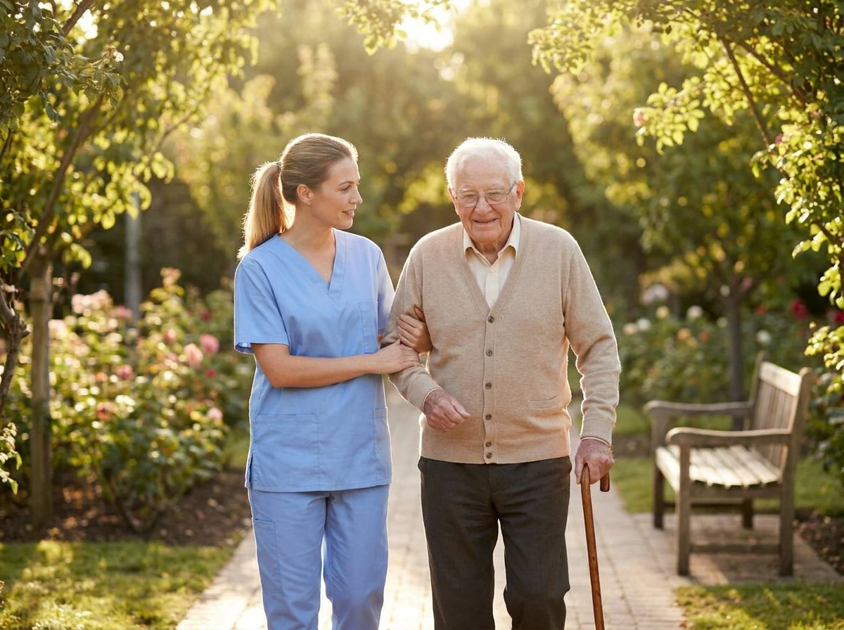 Caregiver walking with a senior man through a sunlit garden