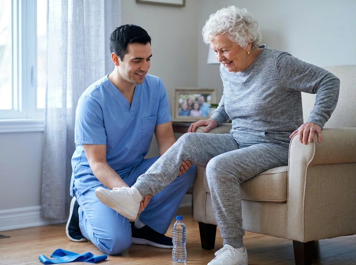 A nurse helping a senior woman with leg exercises