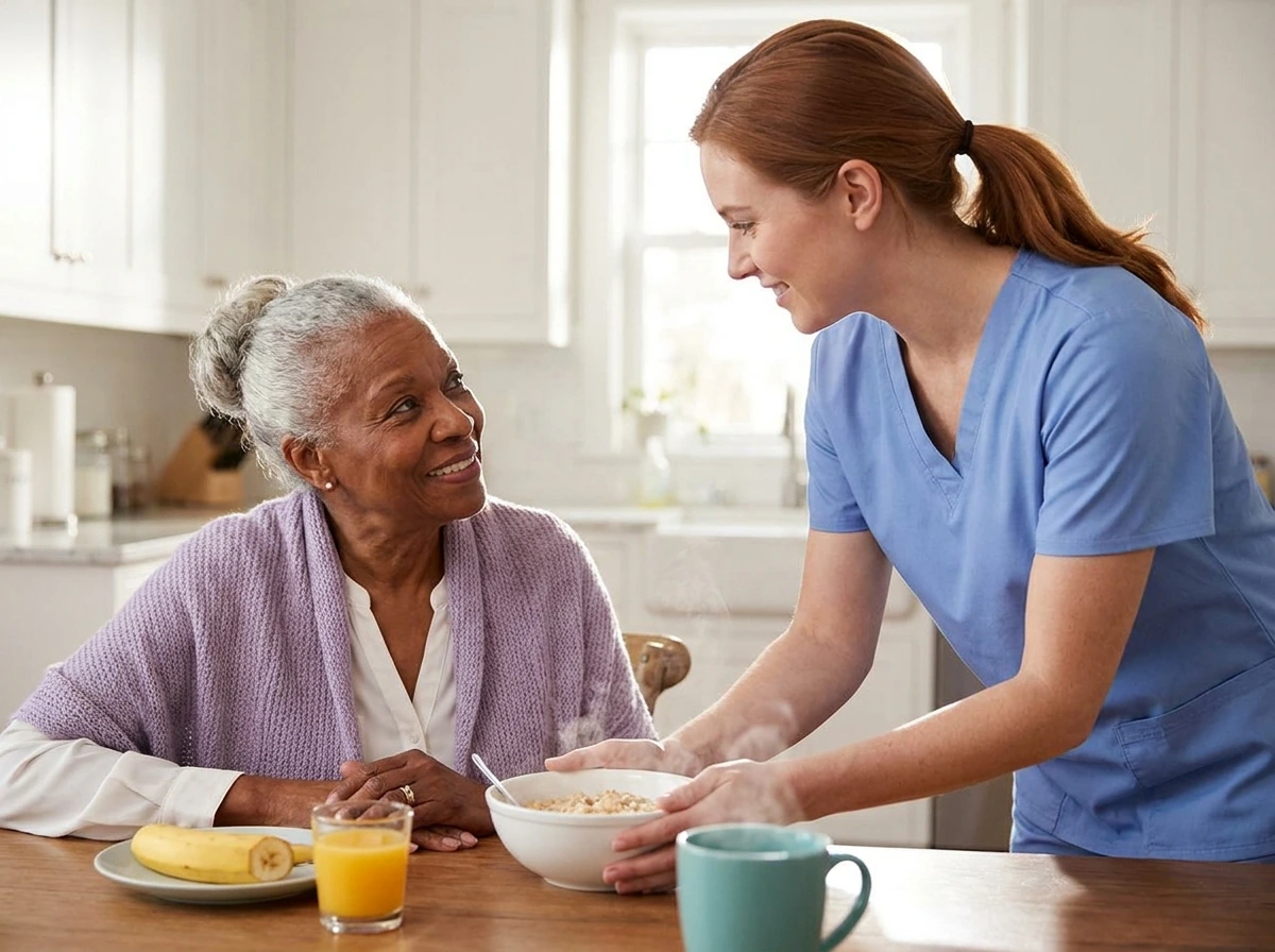 Caregiver serving a warm bowl of oatmeal to a senior woman in her kitchen