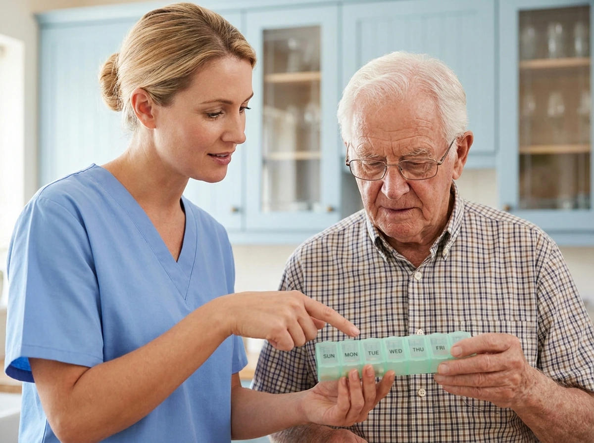 Caregiver helping a senior man with a weekly pill organizer