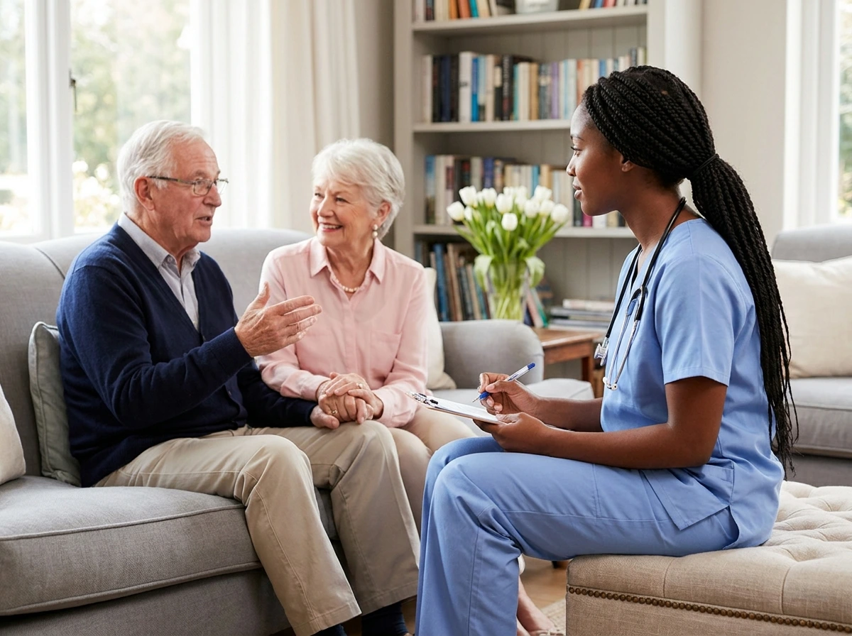 A nurse listening warmly to an elderly couple on their living-room sofa