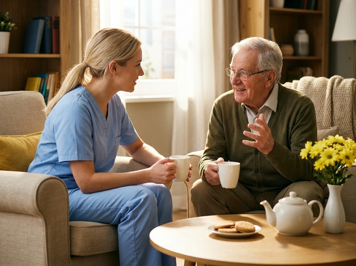 Caregiver enjoying tea and conversation with a senior man at home
