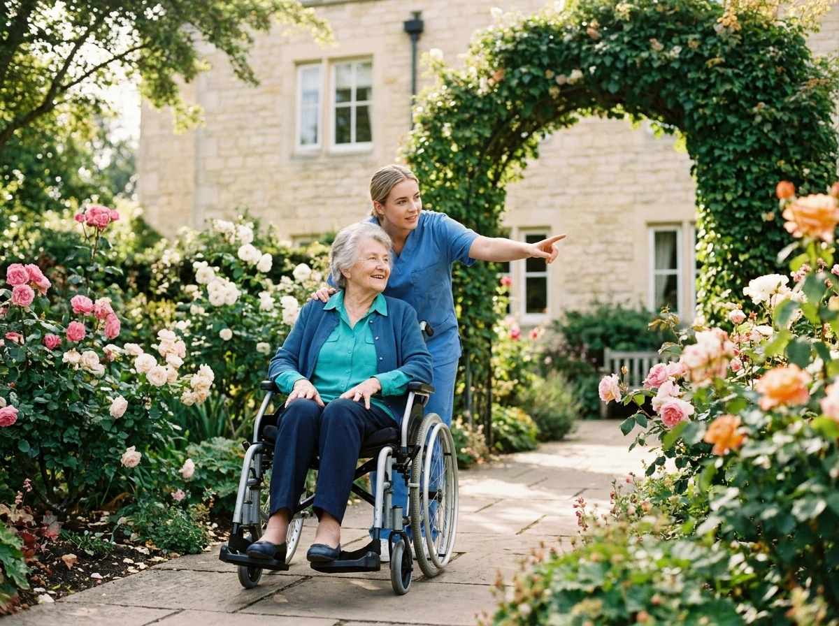 A caregiver walking with a senior in a wheelchair through a flower garden