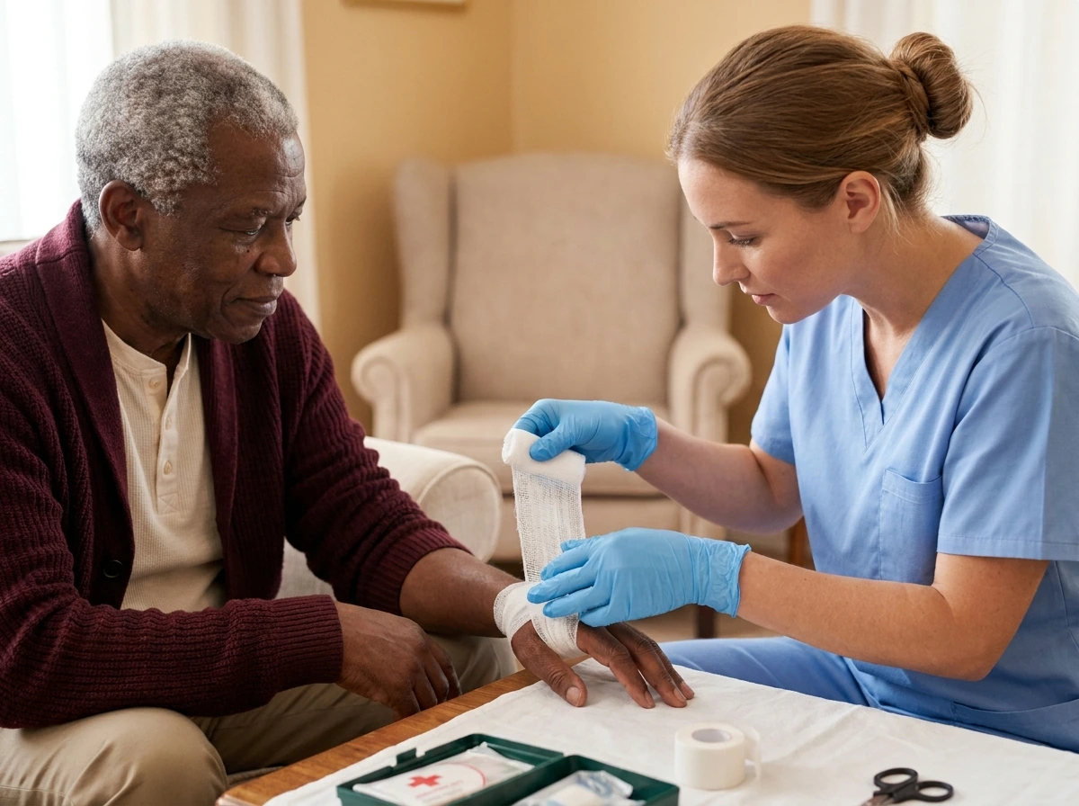 Nurse providing wound care to a senior man's hand